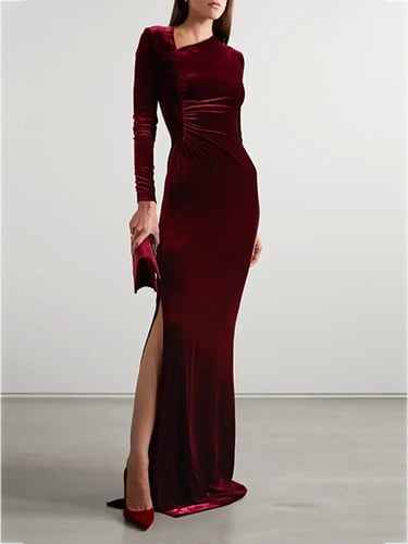 فستان أنيق من بياقة غير منتظمة وأكمام طويلة مخملي...