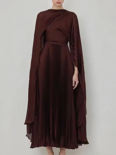 فستان أنيق من غير متماثل بطيات شبكية ورقبة دائرية...