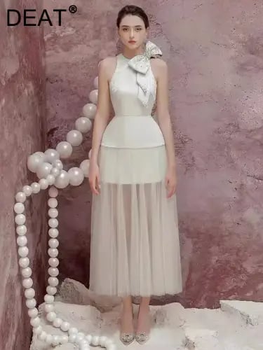 فستان نسائي مزين بفيونكة من اللؤلؤ برقبة دائرية بد...