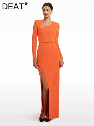 فستان نسائي أنيق ضيق ، ياقة غير منتظمة ، انقسام عا...