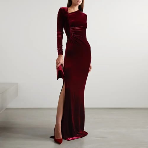 فستان أنيق من بياقة غير منتظمة وأكمام طويلة مخملي...