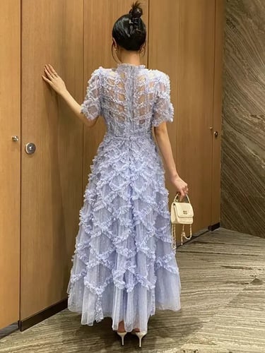 فستان شاش نسائي بفتحة رقبة دائرية ، خصر مرتفع ، بخ...