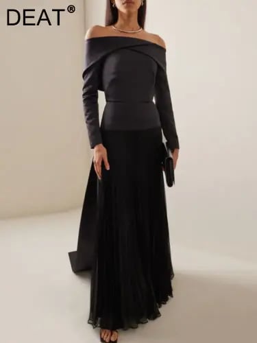 فستان نسائي مائل العنق مطوي مرقع عالي الخصر ، فسات...