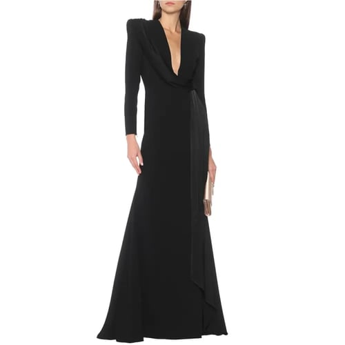 فستان أنيق عميق الخامس الرقبة الكتف وسادة المرقعة...