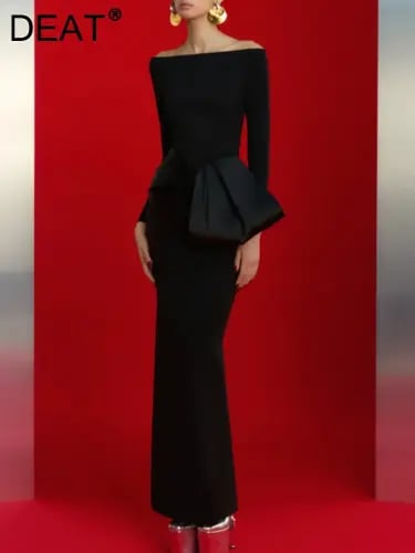 فستان أنيق مائل الرقبة كم طويل وصمة عار الخصر الخل...