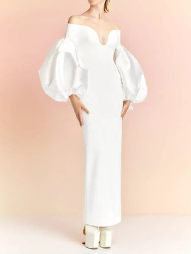 فستان نسائي أنيق برقبة مائلة ، كم فانوس ، خليط ، خ...