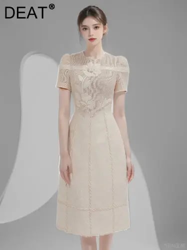 Elegant Dress O-neck Flower Crochet Patchwork High...