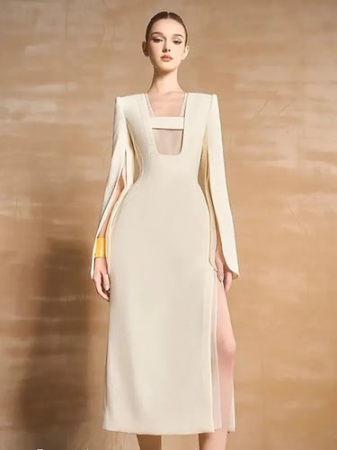 فستان نسائي أنيق بأكمام مقسمة ، ياقة مربعة ، خصر م...