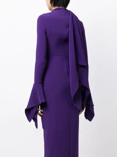 فستان نسائي محبوك بياقة وشاح ، فستان أنيق ، كم مضي...