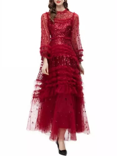 فستان نسائي مزين بالترتر متعدد الطبقات برقبة دائري...