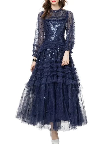 فستان نسائي مزين بالترتر متعدد الطبقات برقبة دائري...