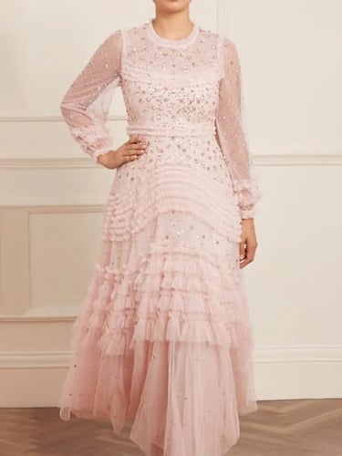 فستان نسائي مزين بالترتر متعدد الطبقات برقبة دائري...