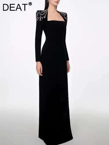 فستان أنيق الماس ساحة طوق كم طويل الظهر سبليت سليم...