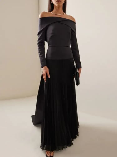 فستان نسائي مائل العنق مطوي مرقع عالي الخصر ، فسات...