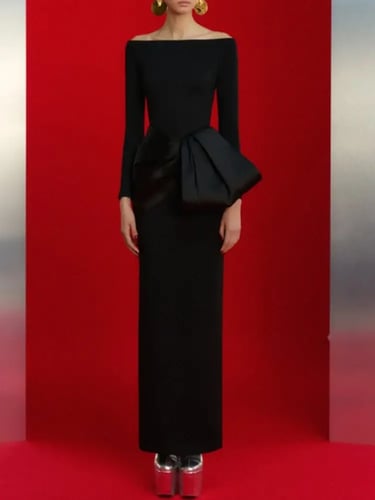 فستان أنيق مائل الرقبة كم طويل وصمة عار الخصر الخل...