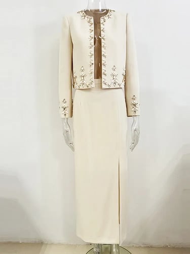 طقم سترة نسائية بأكمام طويلة وتنورة منقسمة ، بدلة...