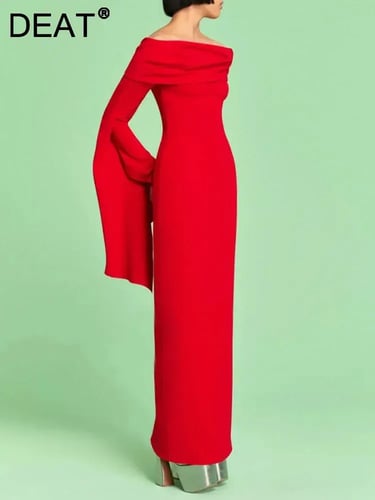 فستان نسائي أنيق ، أكمام مضيئة غير منتظمة ، رقبة م...