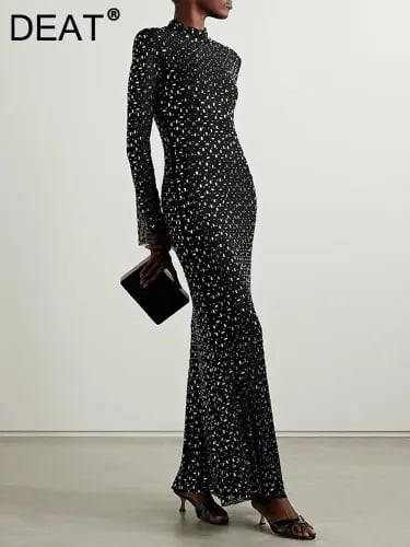 فستان أنيق الوقوف طوق كم طويل الماس لصق شبكة الصلب...