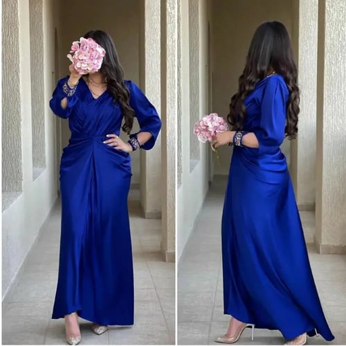 فستان أنيق أزرق ملكي برقبة على شكل حرف v من الساتا...