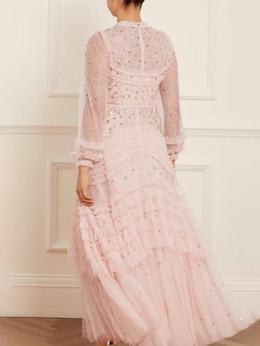 فستان نسائي مزين بالترتر متعدد الطبقات برقبة دائري...