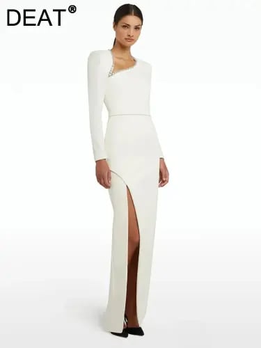 فستان نسائي أنيق ضيق ، ياقة غير منتظمة ، انقسام عا...