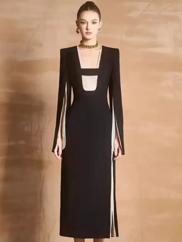 فستان نسائي أنيق بأكمام مقسمة ، ياقة مربعة ، خصر م...