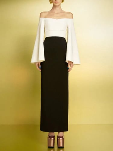 فستان نسائي أنيق بأكمام مضيئة ، رقبة مائلة ، انقسا...