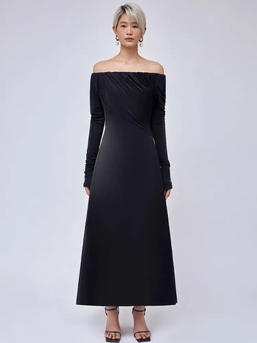 فستان مخملي أنيق برقبة مائلة للنساء ، أكمام طويلة...