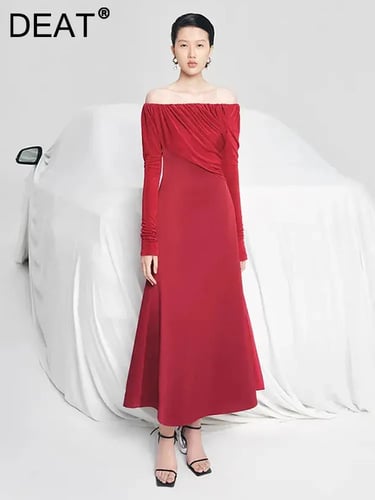 فستان مخملي أنيق برقبة مائلة للنساء ، أكمام طويلة...