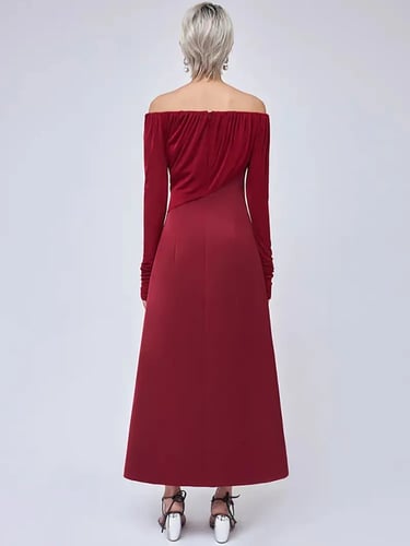 فستان مخملي أنيق برقبة مائلة للنساء ، أكمام طويلة...