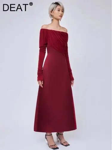 فستان مخملي أنيق برقبة مائلة للنساء ، أكمام طويلة...