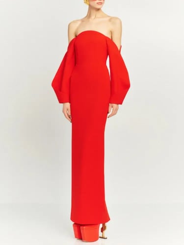 فستان أنيق من برقبة مائلة وأكمام طويلة وخصر عالي و...