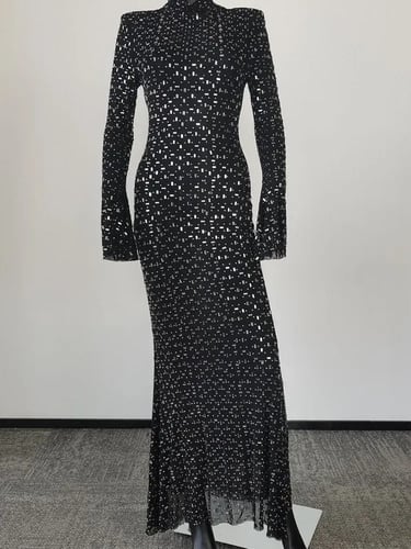 فستان أنيق الوقوف طوق كم طويل الماس لصق شبكة الصلب...