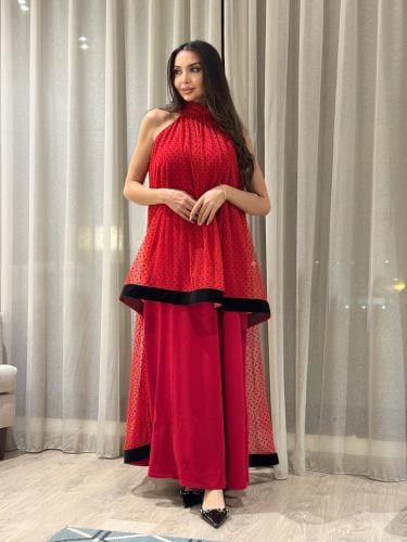 فستان احمر طبقتين ( الزمرد)