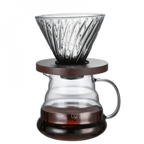 قمع تقطير V60 زجاجي اسود - مقاس 02 بقاعدة خشب | V6...