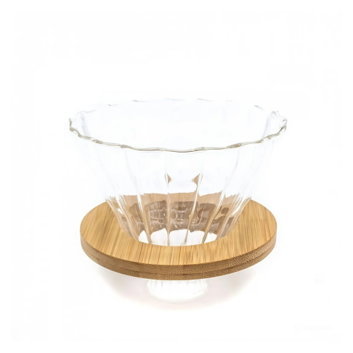 قمع V60 زجاجي شفاف مع قاعدة خشبية مقاس 02