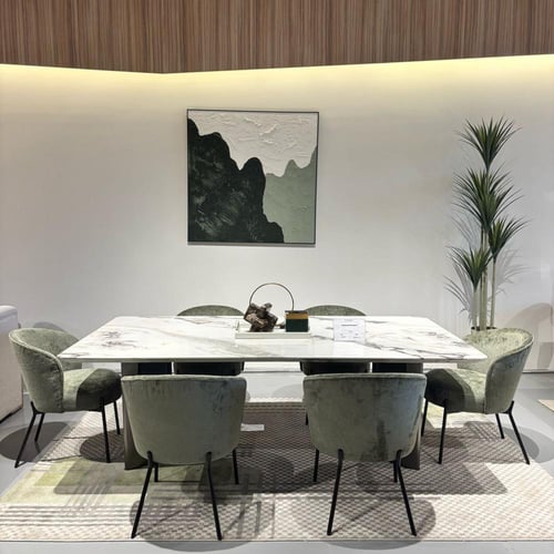 طاولة طعام من الرخام الأبيض الطبيعي بقاعدة معدنية