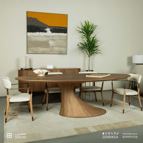 طاولة طعام دائرية بقاعدة منحنية خشبية