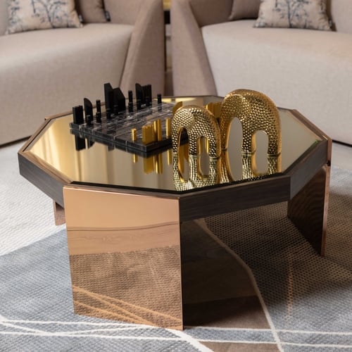 طاولة هندسية الشكل نحاسية مع المراية والخشب