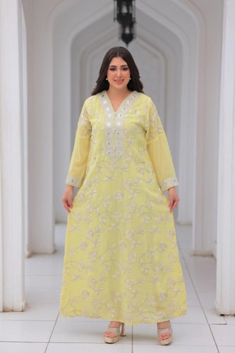 جلابية كويتي أصفر مشجر