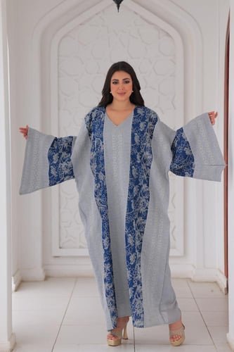 جلابية كويتي فراشة كم واسع رمادي