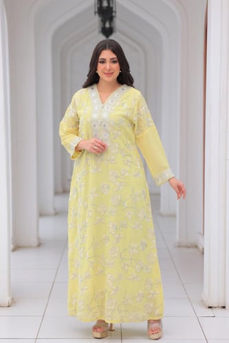 جلابية كويتي أصفر مشجر