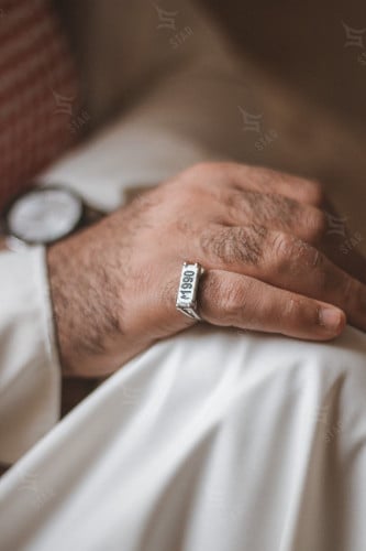 خاتم رجالي فضة مُطعم بحجر ماربل طبيعي