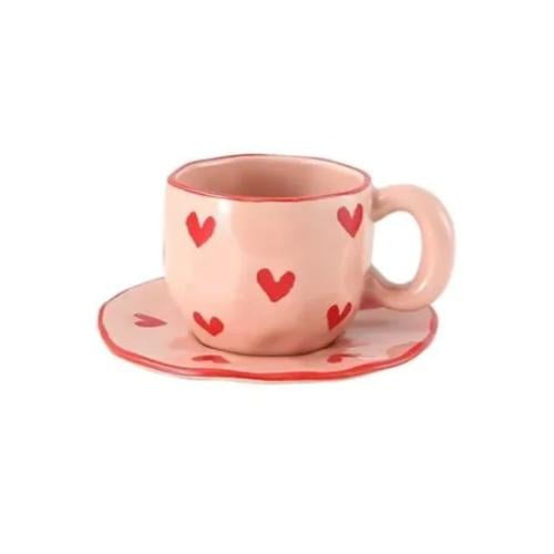 كوب سيراميك مع صحن 300ml قلب احمر