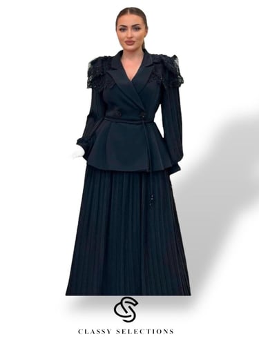 طقم سهرة أسود فخم مزين بالدانتيل والشك مقاسات كبير...