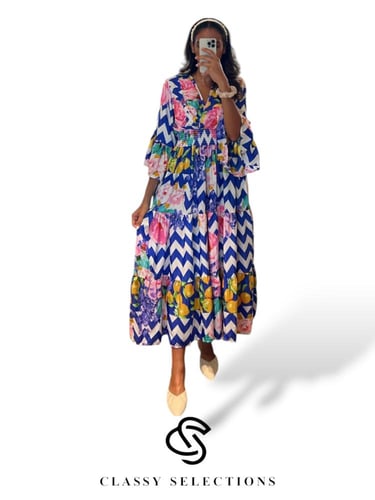 فستان واندا -فستان ايطالي مزين بالورود الملونة