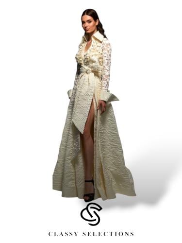 فستان سهرة تركي بياقة ودانتيل مشغول مع حزام