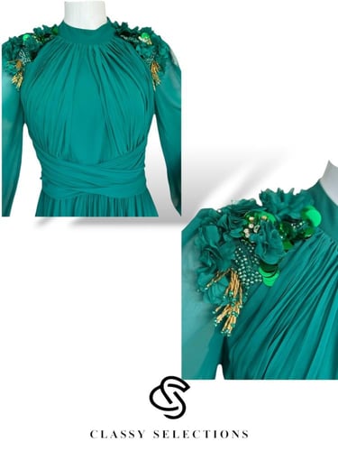 فستان سهره باللون الأخضر مزين بالخرز الملون وأحجار...