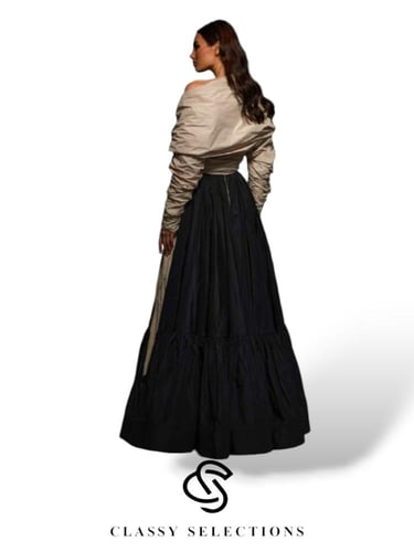 فستان سهرة تركي بفتحة على شكل V بأكمام طويلة