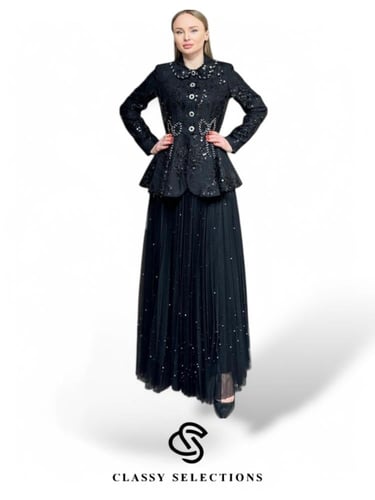 طقم أسود سهرة مزين بالترتر واللولو مقاسات كبيرة